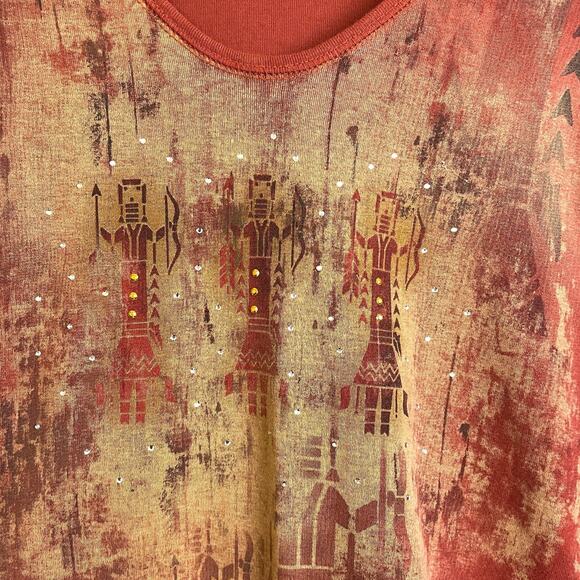 Cactus Top Womens Size XL Red Aztec Embellished Rhinestones Cotton Shirt Casual - Picture 5 of 9
